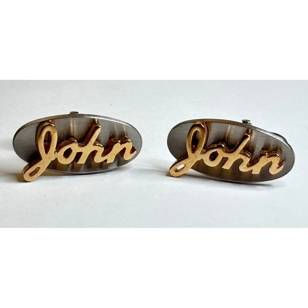 Vintage Swank Mens Cufflinks Two Tone Silver Gold Name John Script Personalized